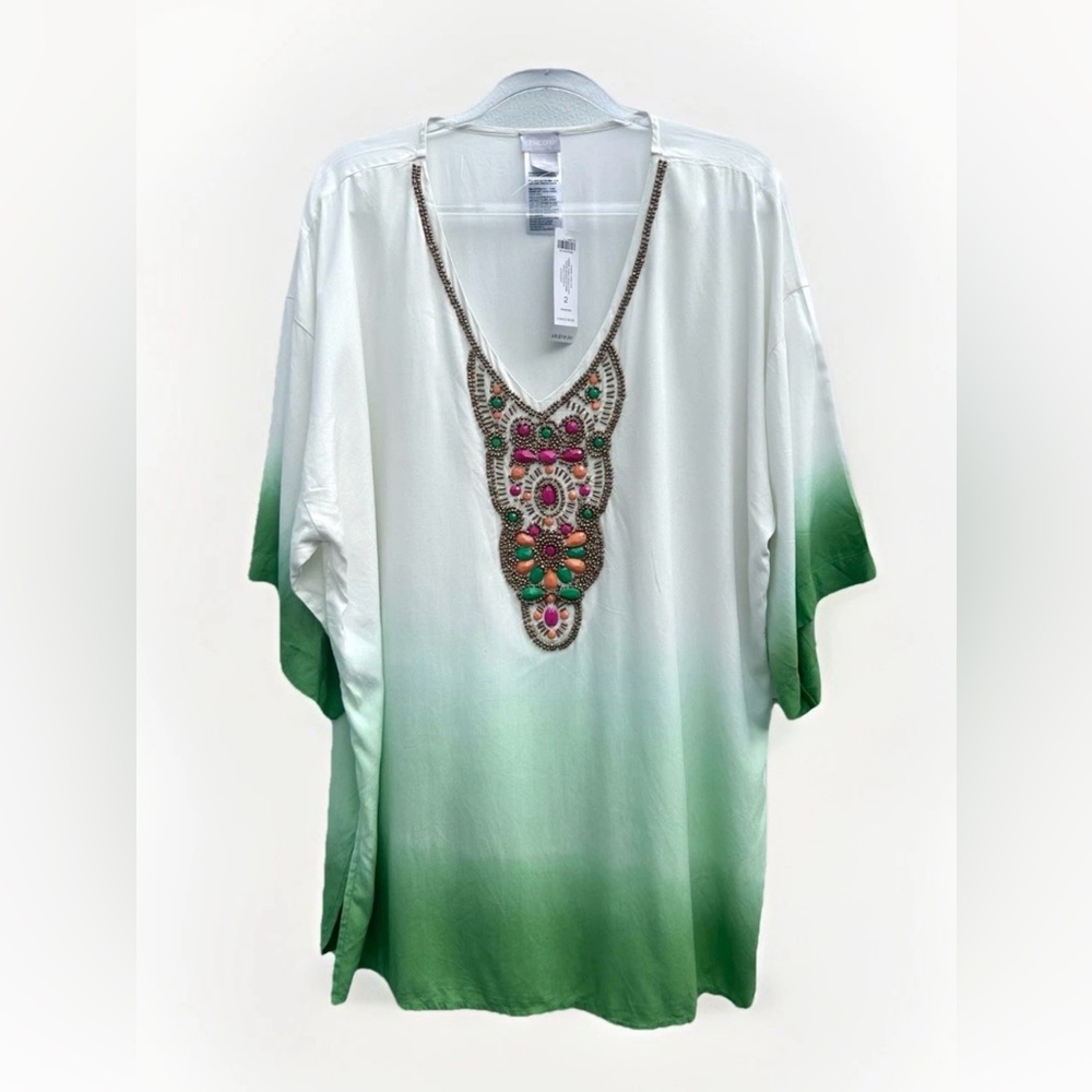 NEW Chico’s Blouse Top Beaded Dip Dye Ombre Tunic Sz 2/large Embellished Boho